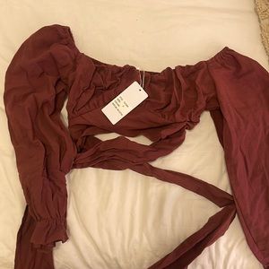 Rust colored long sleeve tie crop top